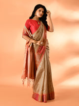 Dista Elora Dark Cream Pure Cotton Silk Banarasi Weaving Saree, view 6