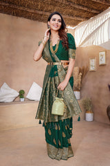 Dista Elora Dark Green Butta Zari Jacquard Silk Blend Paithani Saree, view 5
