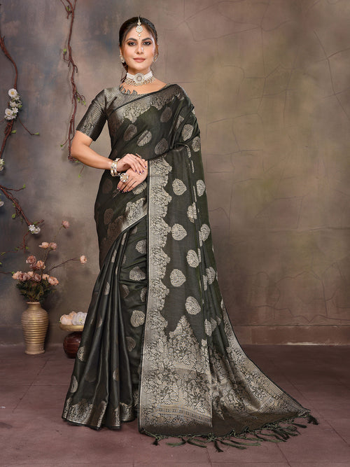 Dista Elora Dark Green Fendi Satin Silk Banarasi Jacquard Butta Work Saree With Woven Designed Border