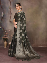 Dista Elora Dark Green Fendi Satin Silk Banarasi Jacquard Butta Work Saree With Woven Designed Border, view 2