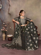 Dista Elora Dark Green Fendi Satin Silk Banarasi Jacquard Butta Work Saree With Woven Designed Border, view 3