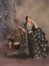 Dista Elora Dark Green Fendi Satin Silk Banarasi Jacquard Butta Work Saree With Woven Designed Border, view 4