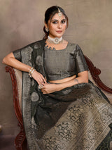 Dista Elora Dark Green Fendi Satin Silk Banarasi Jacquard Butta Work Saree With Woven Designed Border, view 6