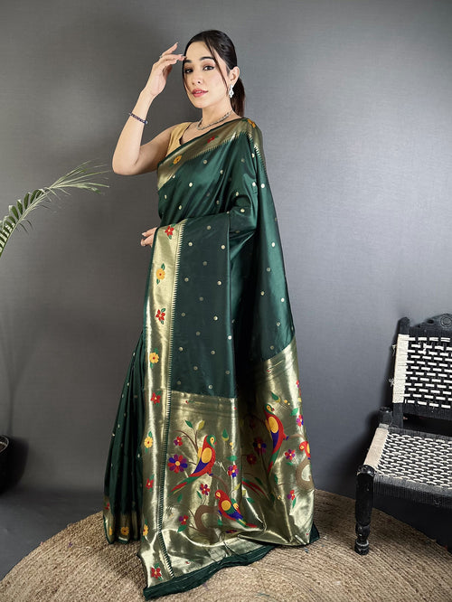 Dista Elora Dark Green Lichi Silk Parrot & Floral Woven Design Zari Weaving Paithani Saree