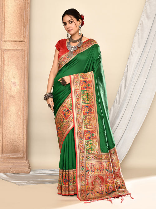 Dista Elora Dark Green Pure Soft Silk Banarasi Plain Weaving Saree