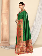 Dista Elora Dark Green Pure Soft Silk Banarasi Plain Weaving Saree, view 2