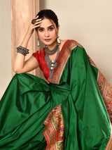 Dista Elora Dark Green Pure Soft Silk Banarasi Plain Weaving Saree, view 3