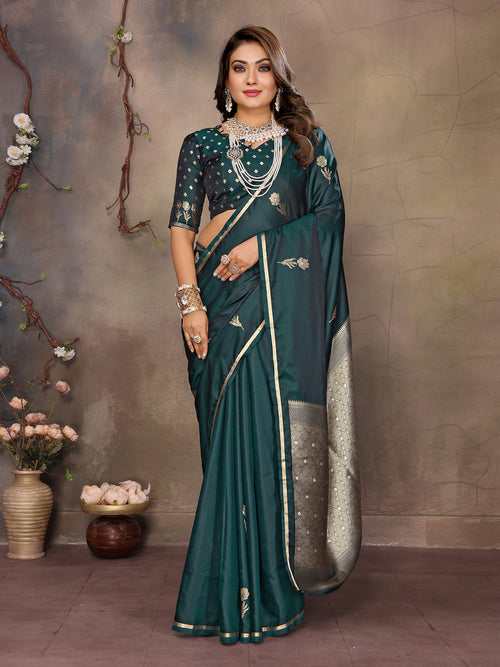 Dista Elora Dark Green Satin Silk Floral & Botanical Motifs Zari Woven Banarasi Saree