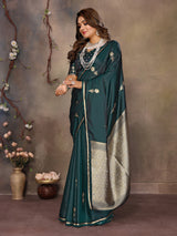 Dista Elora Dark Green Satin Silk Floral & Botanical Motifs Zari Woven Banarasi Saree, view 2
