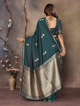 Dista Elora Dark Green Satin Silk Floral & Botanical Motifs Zari Woven Banarasi Saree, view 3