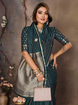 Dista Elora Dark Green Satin Silk Floral & Botanical Motifs Zari Woven Banarasi Saree, view 4
