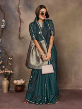 Dista Elora Dark Green Satin Silk Floral & Botanical Motifs Zari Woven Banarasi Saree, view 5