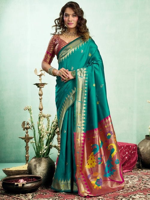 Dista Elora Dark Green Silk Blend Peacock Motifs Weaving Paithani Saree