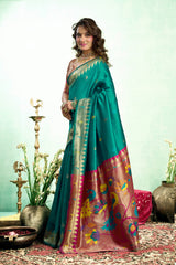 Dista Elora Dark Green Silk Blend Peacock Motifs Weaving Paithani Saree, view 2