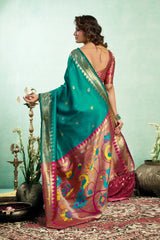 Dista Elora Dark Green Silk Blend Peacock Motifs Weaving Paithani Saree, view 4