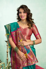 Dista Elora Dark Green Silk Blend Peacock Motifs Weaving Paithani Saree, view 5