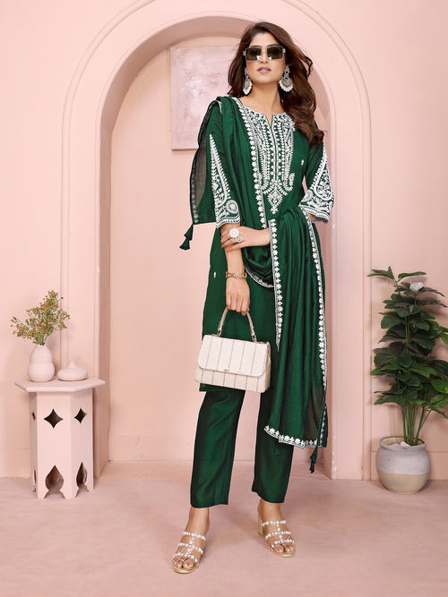 Dista Elora Dark Green Vichitra Silk Floral Embroidery Straight Notch Neck Kurta Set