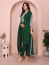 Dista Elora Dark Green Vichitra Silk Floral Embroidery Straight Notch Neck Kurta Set, view 2