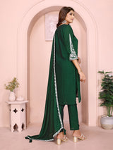 Dista Elora Dark Green Vichitra Silk Floral Embroidery Straight Notch Neck Kurta Set, view 3