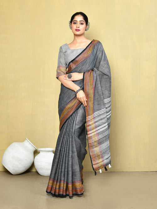 Dista Elora Dark Grey Linen Plain Handloom Everyday Use and Casual Saree