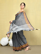 Dista Elora Dark Grey Linen Plain Handloom Everyday Use and Casual Saree, view 2