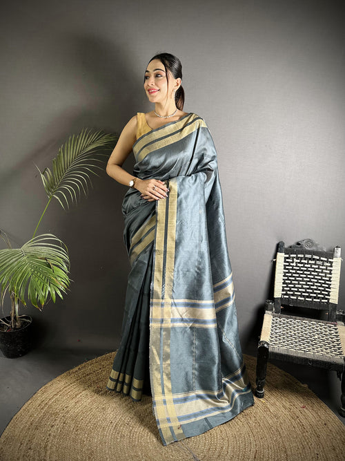 Dista Elora Dark Grey Raw Silk Zari Woven Kanjivaram Saree