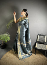 Dista Elora Dark Grey Raw Silk Zari Woven Kanjivaram Saree, view 2
