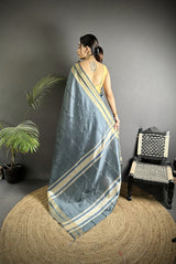 Dista Elora Dark Grey Raw Silk Zari Woven Kanjivaram Saree, view 3