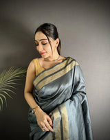 Dista Elora Dark Grey Raw Silk Zari Woven Kanjivaram Saree, view 4