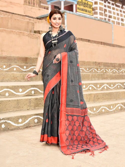 Dista Elora Dark Grey Soft Cotton Butti Weaving Handloom Casual Saree