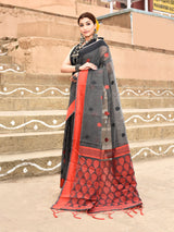Dista Elora Dark Grey Soft Cotton Butti Weaving Handloom Casual Saree, view 3