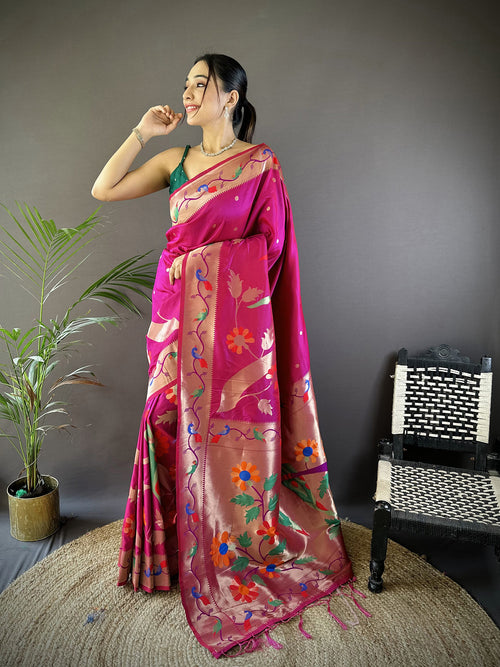 Dista Elora Dark Pink Soft Silk Zari Woven Floral Motifs Paithani Saree