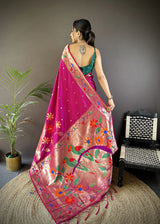 Dista Elora Dark Pink Soft Silk Zari Woven Floral Motifs Paithani Saree, view 2