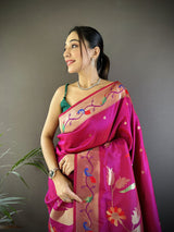 Dista Elora Dark Pink Soft Silk Zari Woven Floral Motifs Paithani Saree, view 3