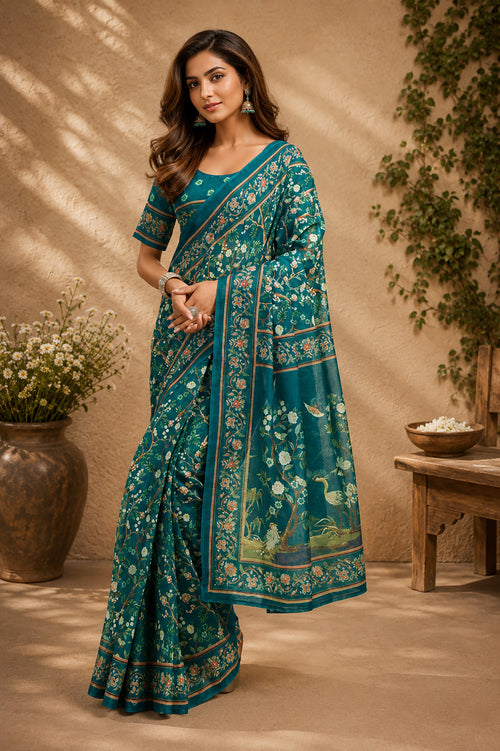 Dista Elora Deep Teal Chanderi Cotton Floral Jaal Printed Ready To Wear Saree