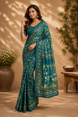 Dista Elora Deep Teal Chanderi Cotton Floral Jaal Printed Ready To Wear Saree, view 2