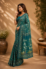 Dista Elora Deep Teal Chanderi Cotton Floral Jaal Printed Ready To Wear Saree, view 3