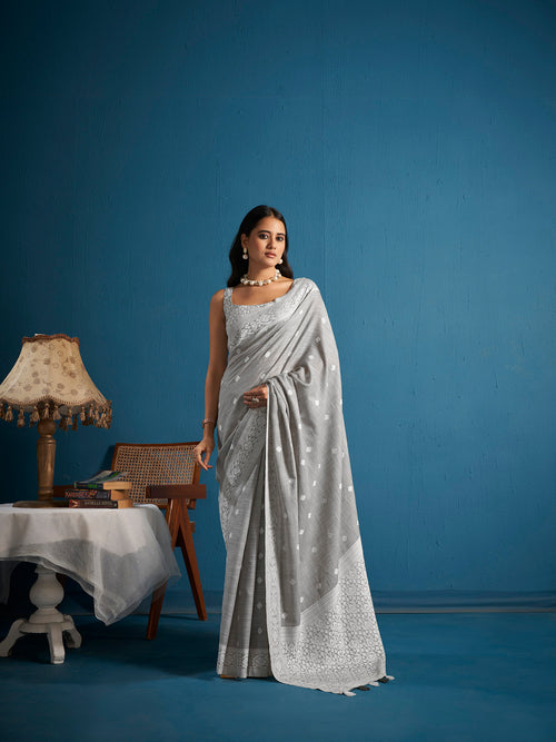 Dista Elora Dove Grey Soft Linen Silk Chikankari Casual Designer Wear Saree