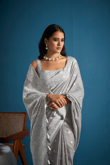 Dista Elora Dove Grey Soft Linen Silk Chikankari Casual Designer Wear Saree, view 2