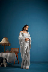 Dista Elora Dove Grey Soft Linen Silk Chikankari Casual Designer Wear Saree, view 3