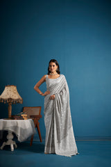 Dista Elora Dove Grey Soft Linen Silk Chikankari Casual Designer Wear Saree, view 5