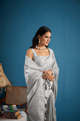 Dista Elora Dove Grey Soft Linen Silk Chikankari Casual Designer Wear Saree, view 6