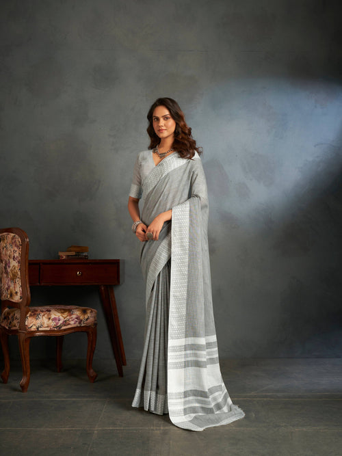 Dista Elora Dove Grey Soft Linen Silk Office Wear Saree With Chikankari Weaved Border