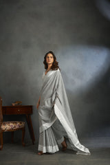 Dista Elora Dove Grey Soft Linen Silk Office Wear Saree With Chikankari Weaved Border, view 2
