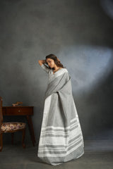 Dista Elora Dove Grey Soft Linen Silk Office Wear Saree With Chikankari Weaved Border, view 3