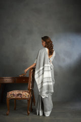 Dista Elora Dove Grey Soft Linen Silk Office Wear Saree With Chikankari Weaved Border, view 4
