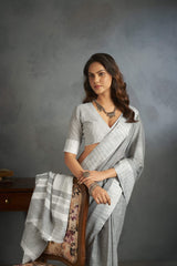 Dista Elora Dove Grey Soft Linen Silk Office Wear Saree With Chikankari Weaved Border, view 5