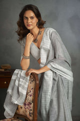 Dista Elora Dove Grey Soft Linen Silk Office Wear Saree With Chikankari Weaved Border, view 6