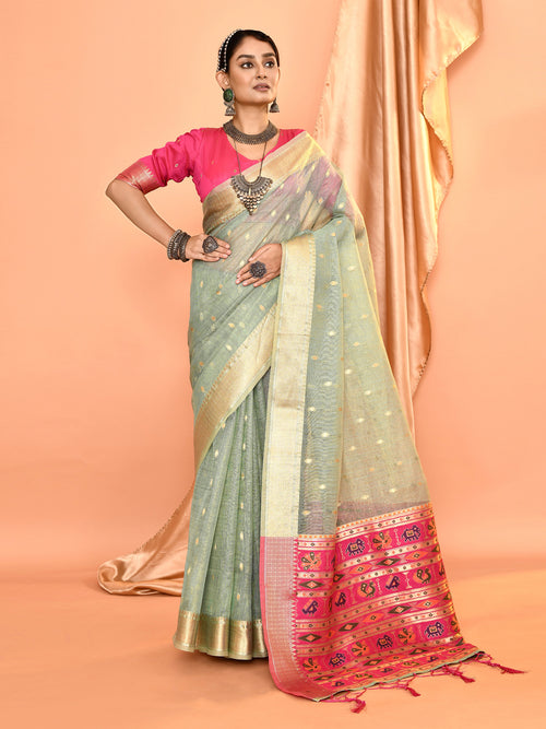 Dista Elora Dusty Blue Pure Linen Silk Ikat Butti Zari Weaving Saree