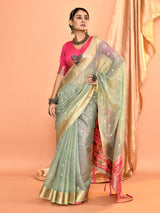 Dista Elora Dusty Blue Pure Linen Silk Ikat Butti Zari Weaving Saree, view 2